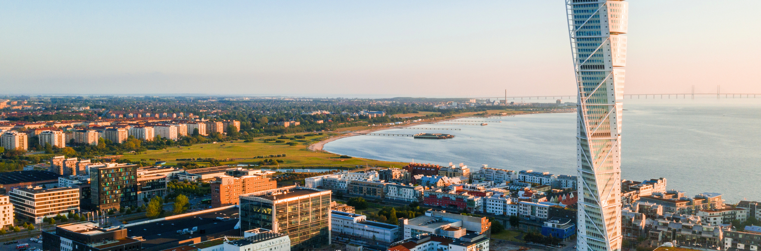 Luftaufnahme des Stadtteils Vastra Hamnen (Westlicher Hafen) in Malmö