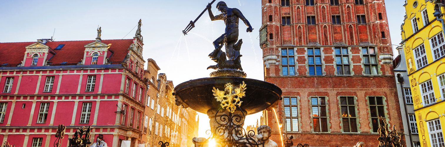 Beautiful fountain in the old center of Gdansk city, Poland
