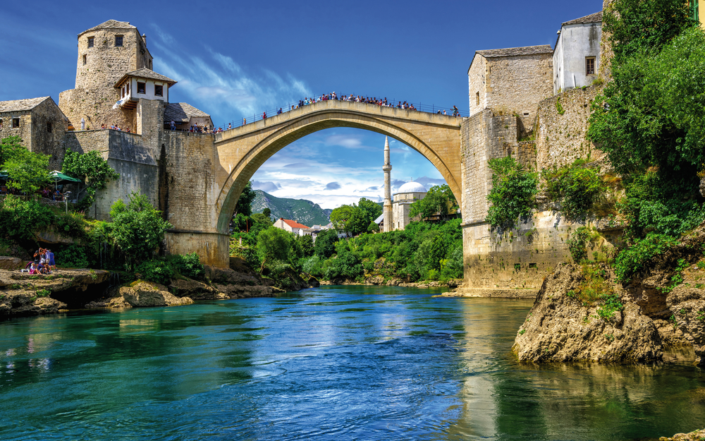 Old Bridge and Mosque in the Old Town of Mostar, Bosnia