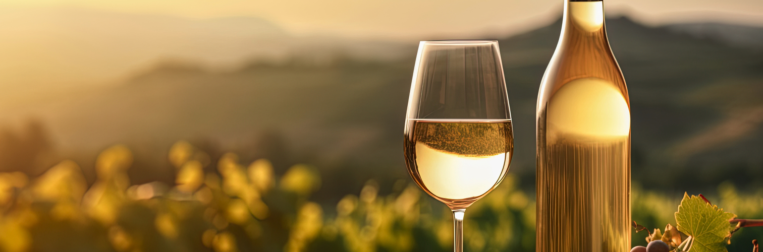 Mock-up white wine bottle without label, glass, promotion, advertising, vineyards at sunset