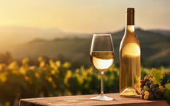 Mock-up white wine bottle without label, glass, promotion, advertising, vineyards at sunset
