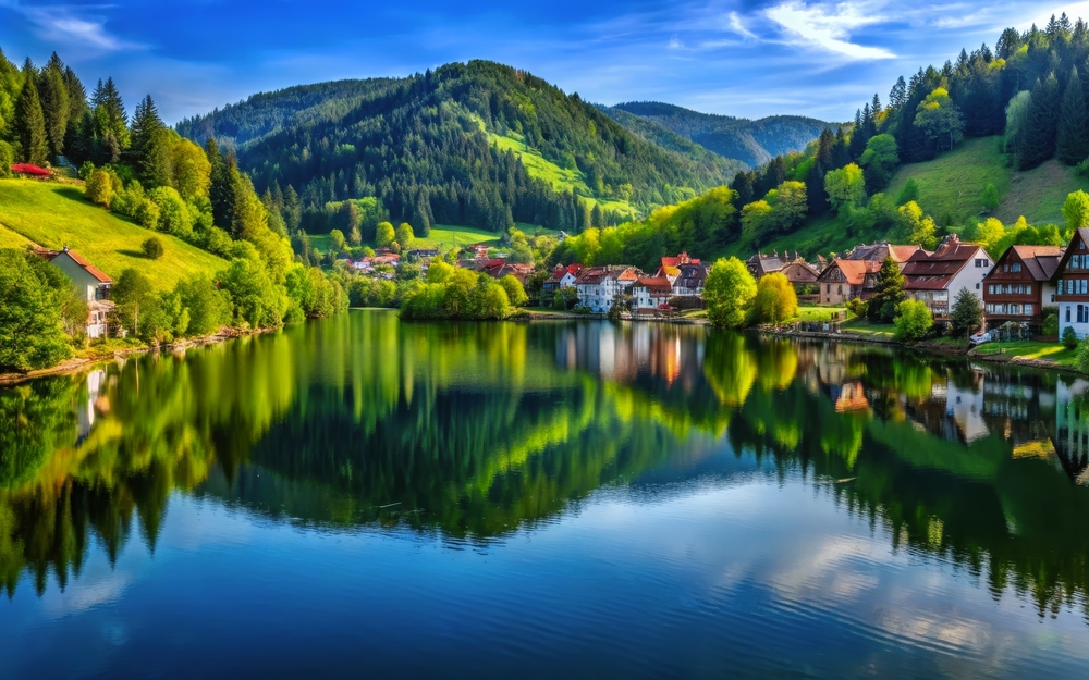 Beautiful lake in the Black Forest surrounded by lush greenery and quaint villages, Titisee, Germany, Black Forest, Lake