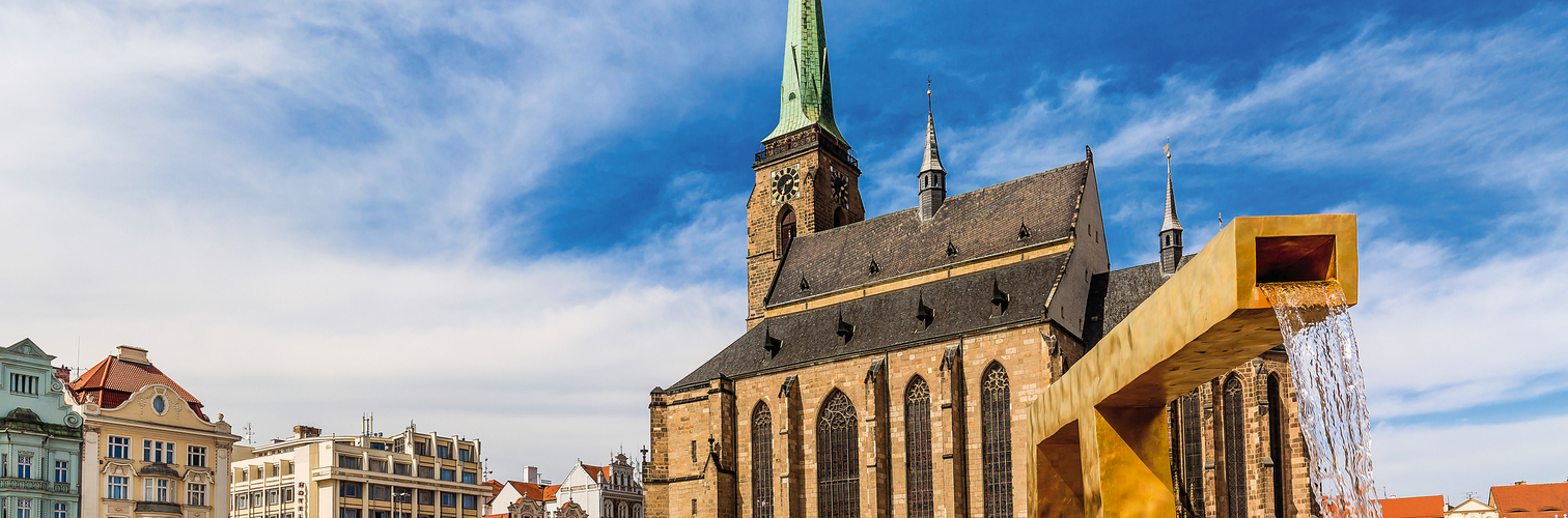 St. Bartholomew's Cathedral in the main square of Plzen with a f