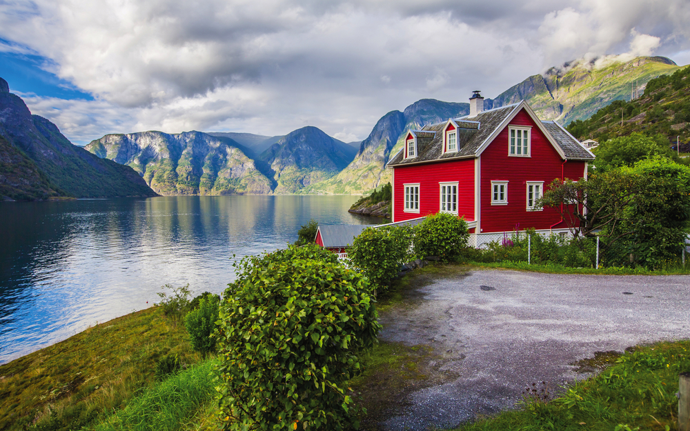 View to Sognefjord in Norway. Small town and cruise port Olden i