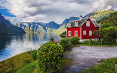 View to Sognefjord in Norway. Small town and cruise port Olden i