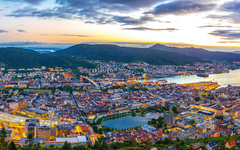 Sunset view on Bergen and harbor from the mountain floyen